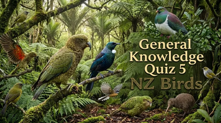 Discover New Zealand’s most iconic native birds in this photorealistic quiz challenge. Test your knowledge of the Kea, Kākā, Kākāpō, Tūī, Kererū, Fantail, Silvereye, Bellbird, Kiwi, and Ruru with stunning visuals and engaging questions designed for nature lovers and quiz fans.